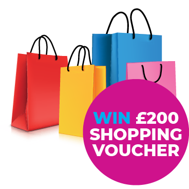 A selection of shopping bags in colours with the words. WIN £200 shopping voucher.